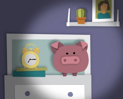 The Money - Papercut piggybank and clock on a dresser