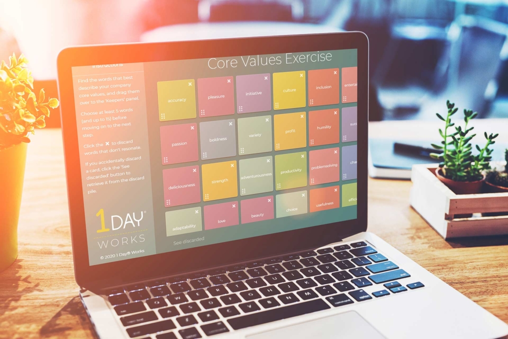 Core values exercise app on a laptop
