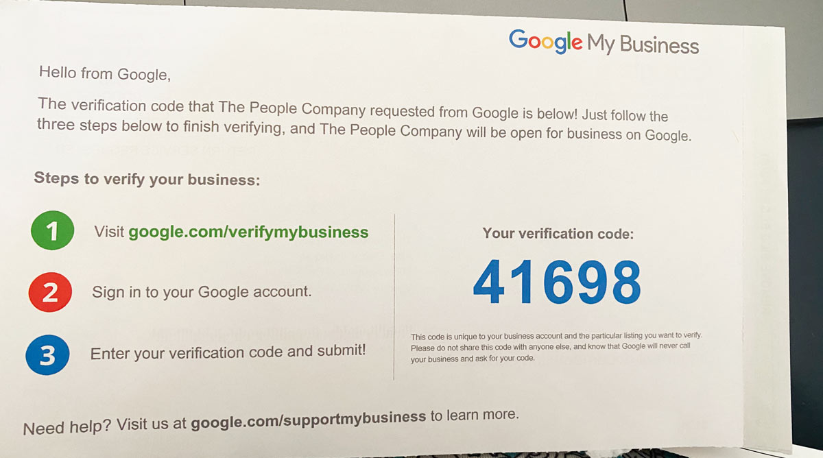 Google My Business verification postcard