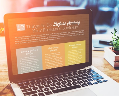 12 Things to do before you Scale Your Freelance Business infographic on laptop